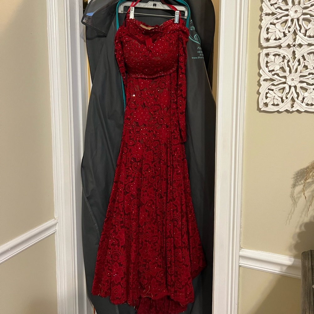 La Femme two piece red iridescent sequins full lace FORMAL GOWN DRESS